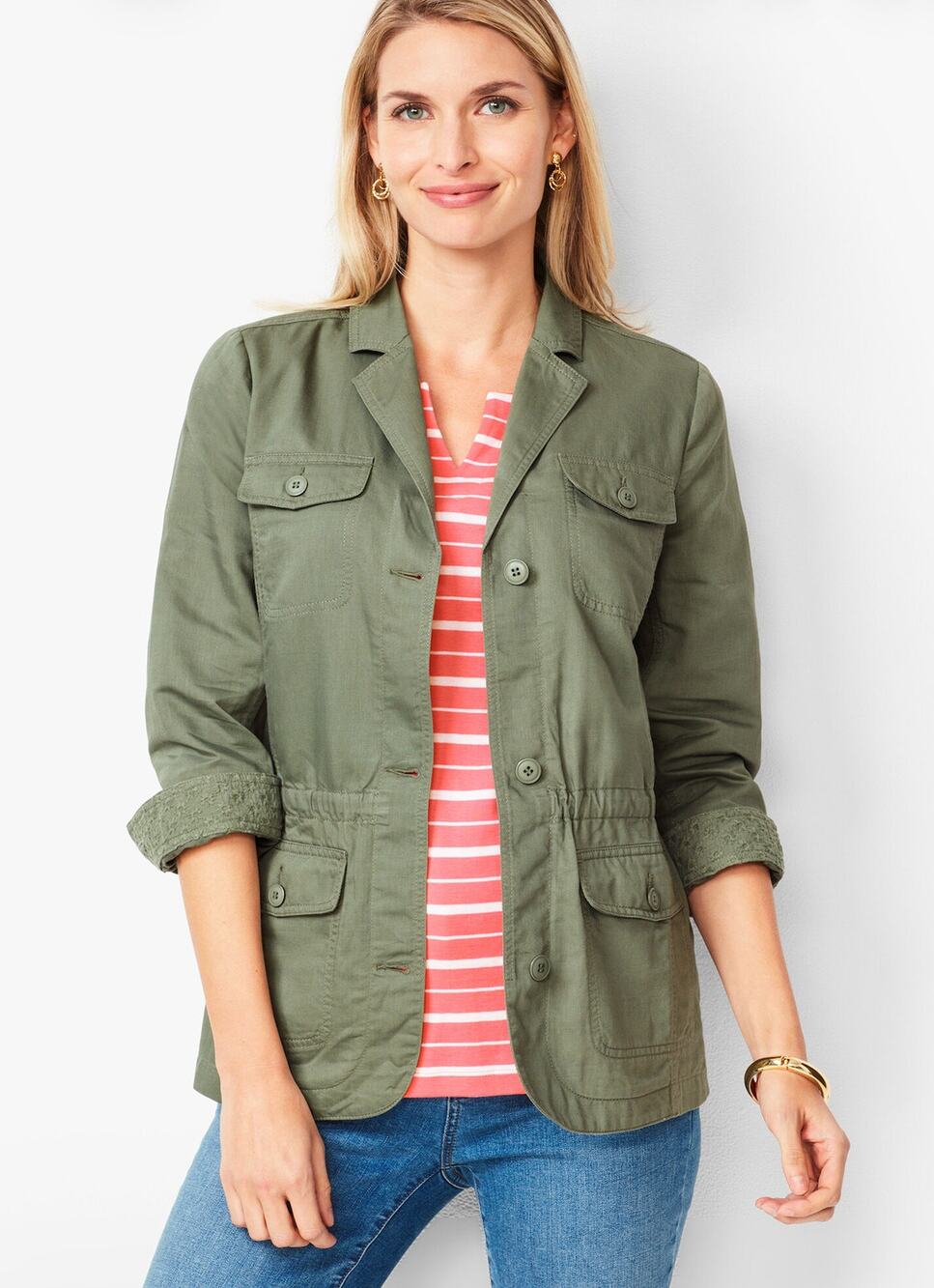 Talbots Womens XS Army Green Linen Cotton Blend Casual Utility Jacket Fall